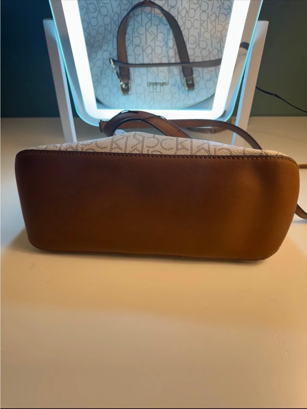 Calvin Klein Cream Logo Dome Satchel with Brown Handles